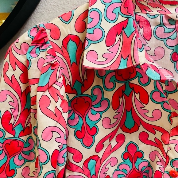 Esqualo Gathered Sleeve Print Blouse Women’s Size 6 Button Front Puff Sleeves - Picture 3 of 8